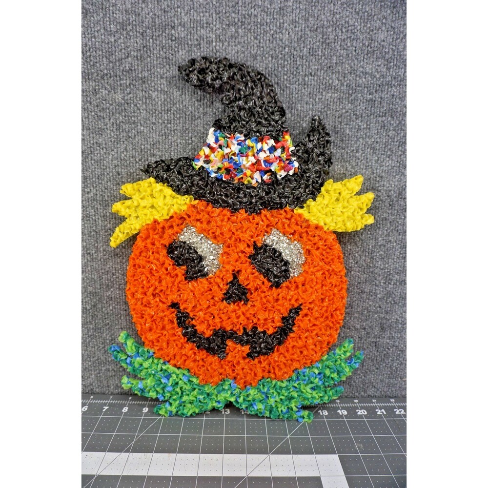 Melted Plastic Popcorn Halloween Pumpkin Wall Hanging 17x12 Vintage Sparkly Eyes
